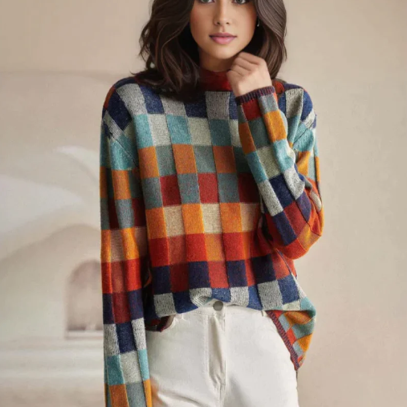 Wilhelmina Checkered Stand-Up Collar Sweater, detail view