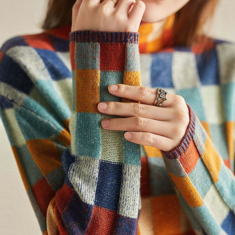 Wilhelmina Checkered Stand-Up Collar Sweater, fabric detail
