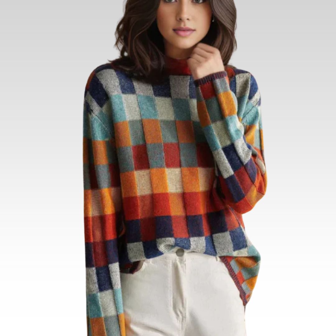 Wilhelmina Checkered Stand-Up Collar Sweater, front view