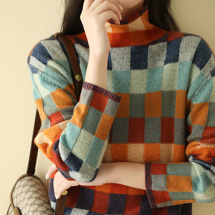 Wilhelmina Checkered Stand-Up Collar Sweater, styled view