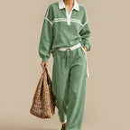 Front view of the Wilhelmina Two-Piece Set Striped Polo Wide-Leg in Green, featuring a striped polo top and relaxed wide-leg pants.