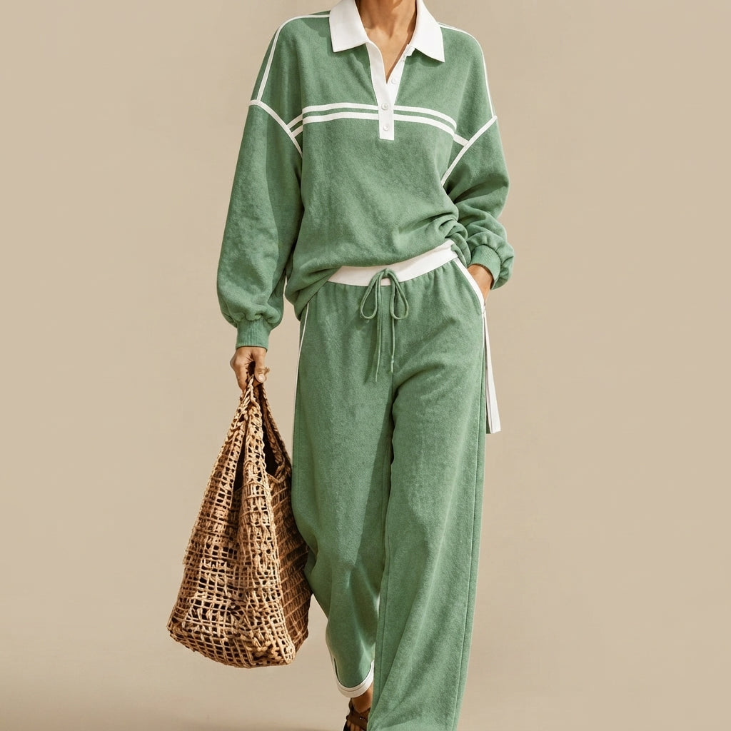 Front view of the Wilhelmina Two-Piece Set Striped Polo Wide-Leg in Green, featuring a striped polo top and relaxed wide-leg pants.