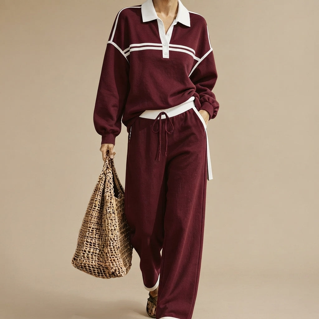 Front view of the Wilhelmina Two-Piece Set Striped Polo Wide-Leg in Red, featuring a striped polo top and relaxed wide-leg pants.