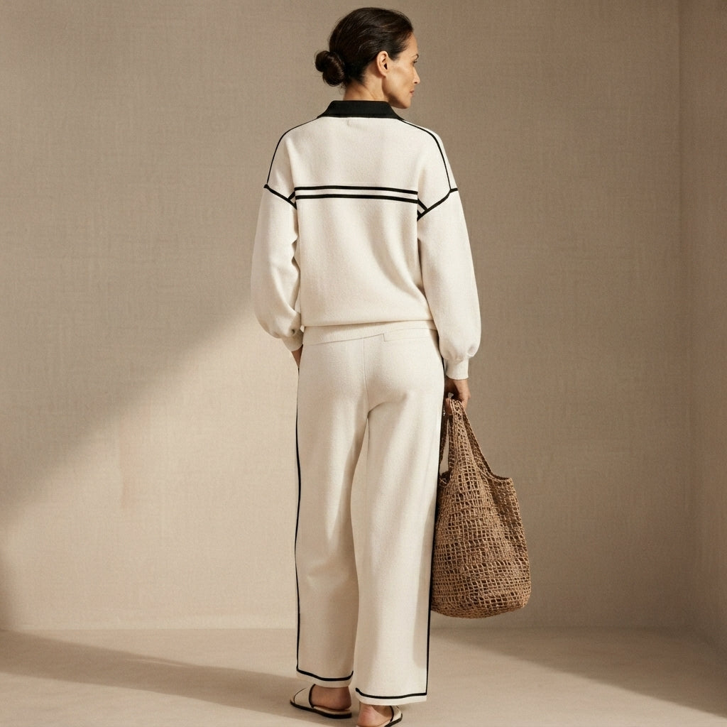 Back view of the Wilhelmina Two-Piece Set Striped Polo Wide-Leg in White, highlighting the coordinated two-piece design.