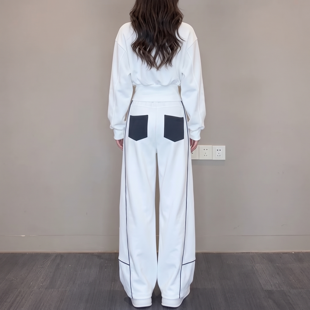 Back view of the Wilhelmina Two-Piece Set Striped Polo Wide-Leg in white, featuring contrast pocket details and relaxed wide-leg trousers. By BELLA HUDSON.