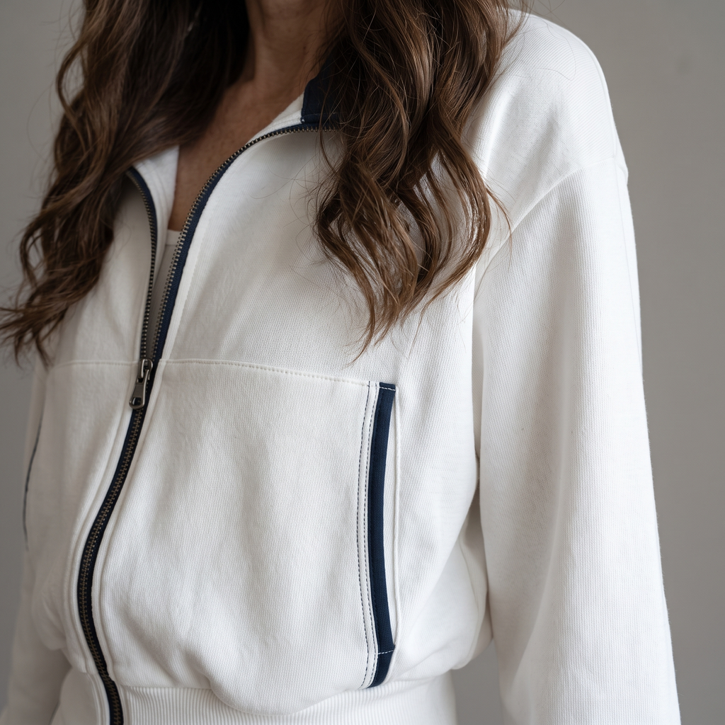Close-up view of the Wilhelmina Two-Piece Set Striped Polo Wide-Leg in white, highlighting the polo collar, zip front, and contrast trim. By BELLA HUDSON.