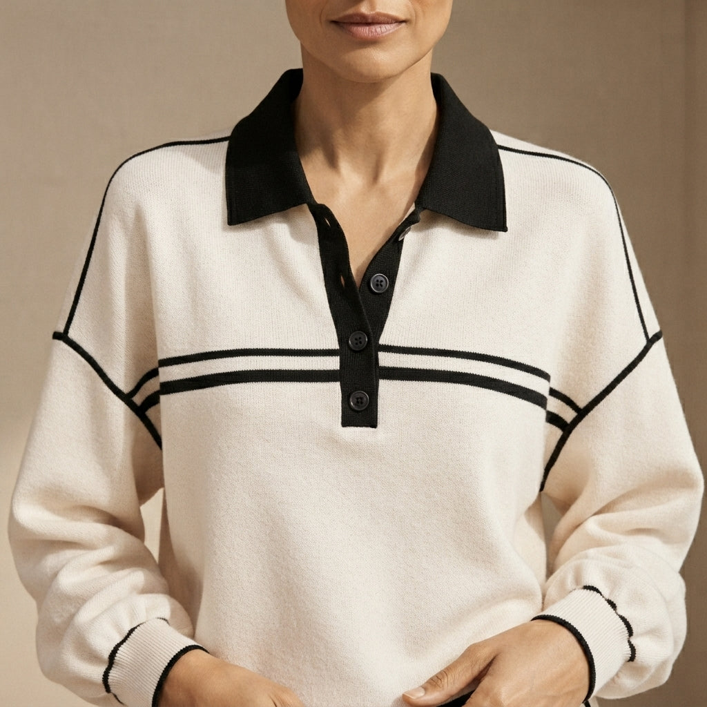 Close-up detail of the Wilhelmina Two-Piece Set in White, highlighting the striped fabric and polo design.