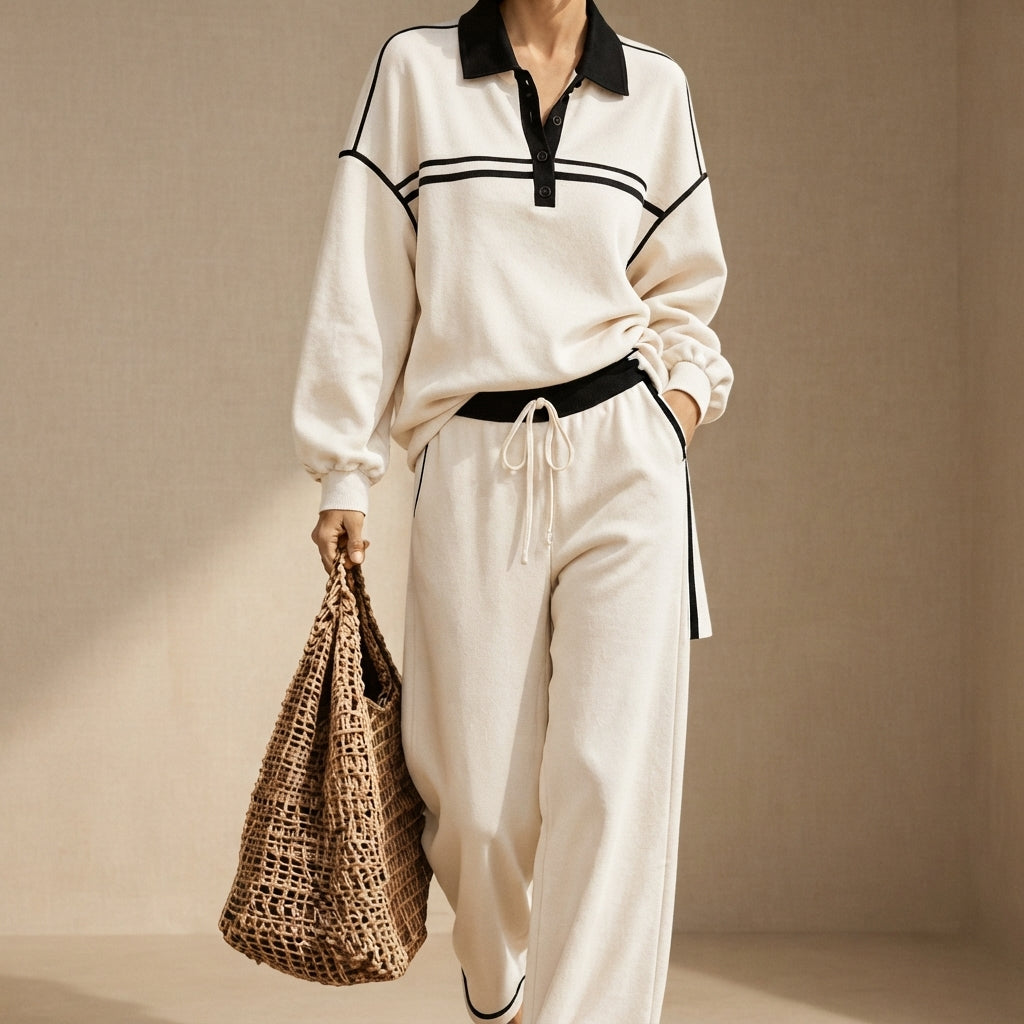 Front view of the Wilhelmina Two-Piece Set Striped Polo Wide-Leg in White, featuring a striped polo top and wide-leg pants.