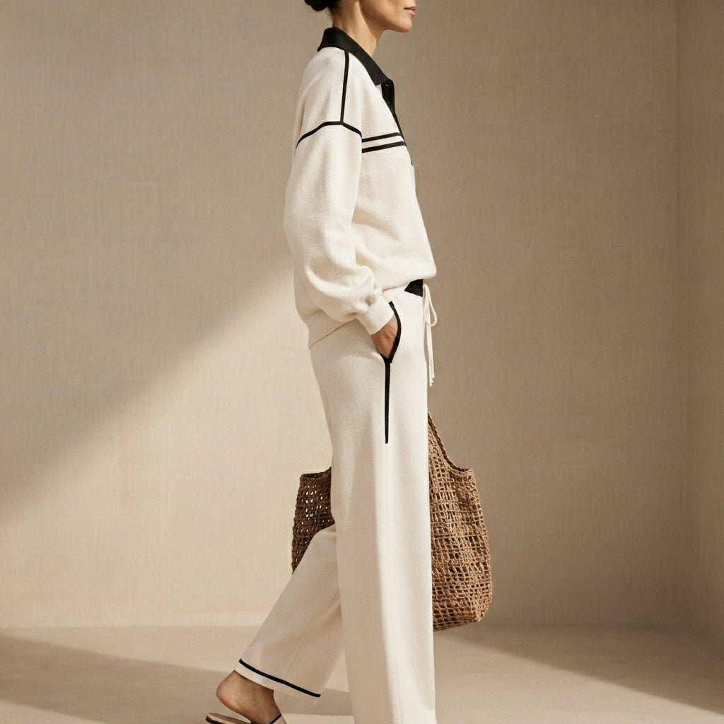 Side view of the Wilhelmina Two-Piece Set Striped Polo Wide-Leg in White, showcasing the relaxed fit and wide-leg silhouette.