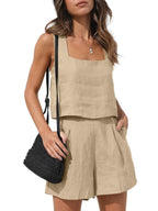 Front view of the Wilhelmina Two-Piece Set Tank Shorts in khaki, featuring a sleeveless square-neck tank top with button details and matching relaxed shorts. Designed by Charlier Paris.