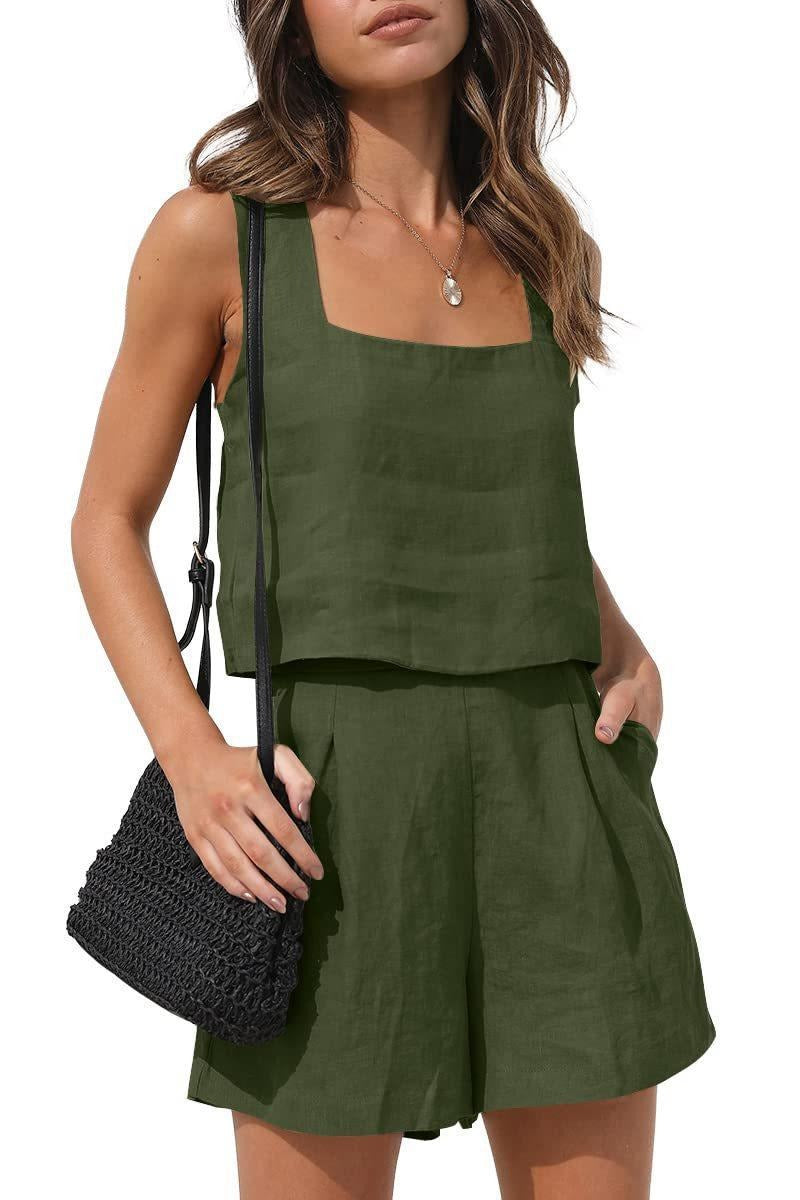 Front view of the Wilhelmina Two-Piece Set Tank Shorts in olive green, featuring a sleeveless square-neck tank top with button details and matching relaxed shorts. Designed by Charlier Paris.