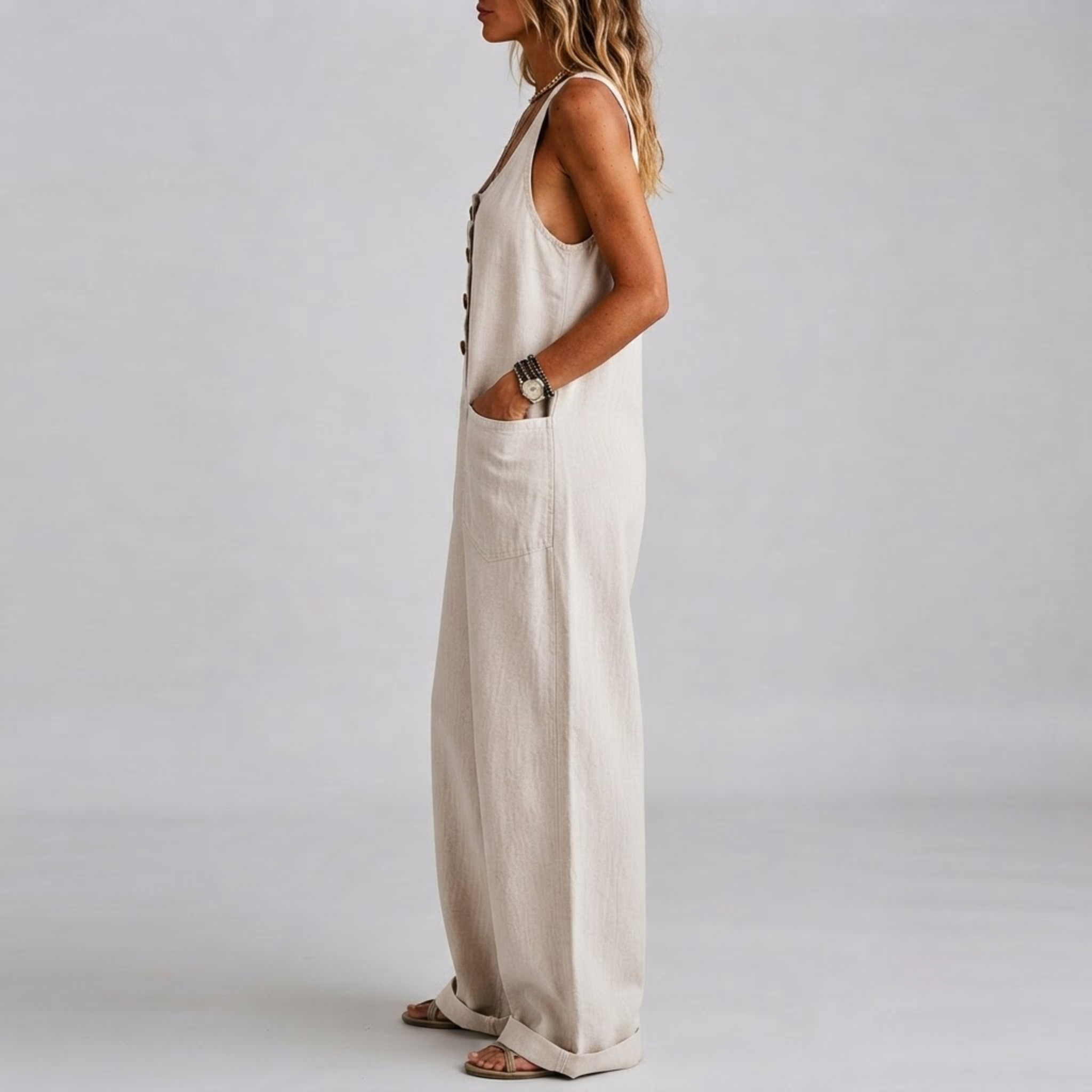 Willa Denim Wide-Leg Jumpsuit in White shown in left side view