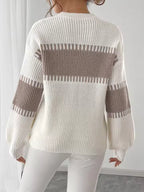 Willa White ribbed crewneck sweater with contrast stripes across the back and sleeves