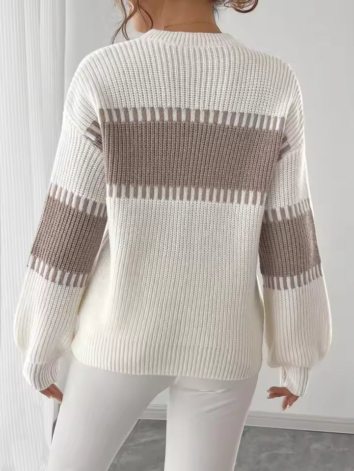 Willa White ribbed crewneck sweater with contrast stripes across the back and sleeves