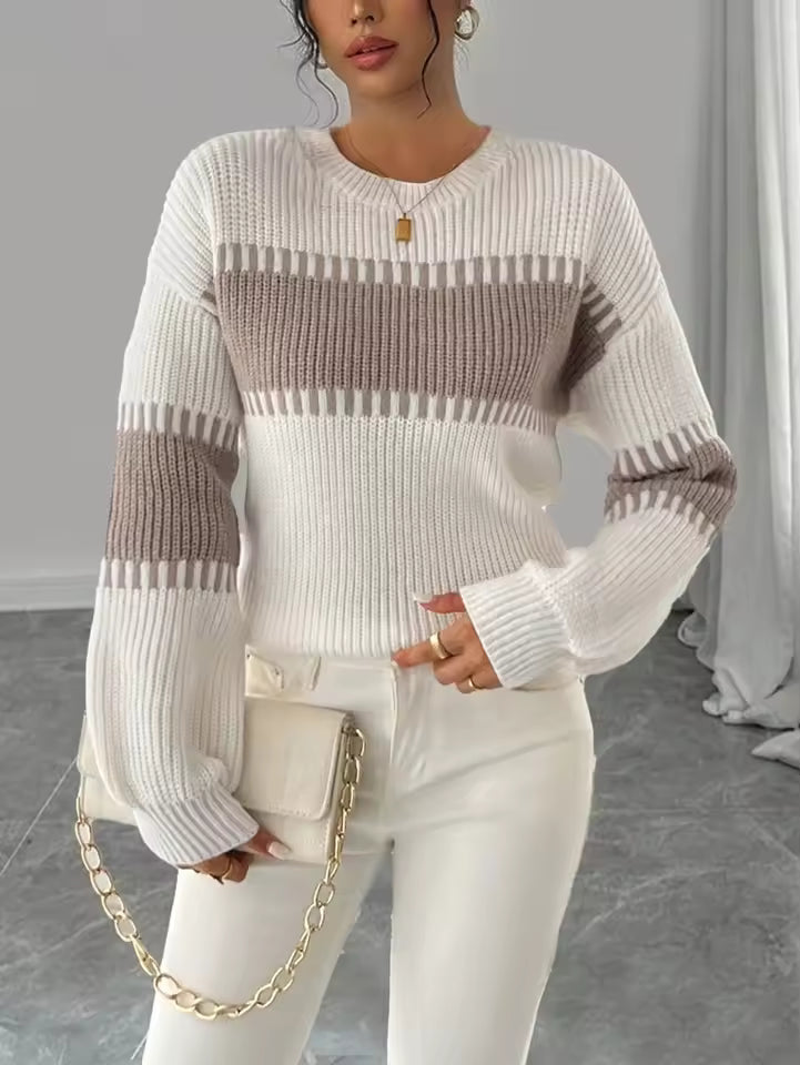 Willa White ribbed crewneck sweater with contrast chest stripes, long sleeves, and ribbed cuffs