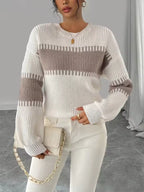 Willa White ribbed crewneck sweater with contrast chest stripes, long sleeves, and ribbed cuffs