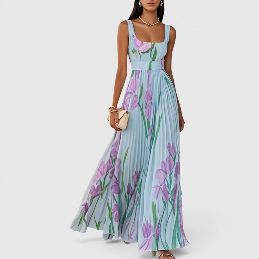 Front view of the Winnie Maxi Cocktail Dress Floral-Print Chiffon Square-Neck in sky blue, featuring a square neckline, sleeveless bodice, flowing chiffon skirt, and soft watercolor-style floral print. Designed by Bella Hudson.