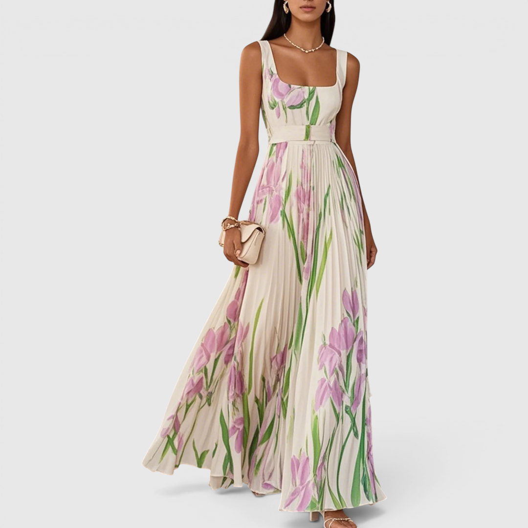 Front view of the Winnie Maxi Cocktail Dress Floral-Print Chiffon Square-Neck in white, featuring a square neckline, sleeveless bodice, flowing chiffon skirt, and elegant floral print. Designed by Bella Hudson.