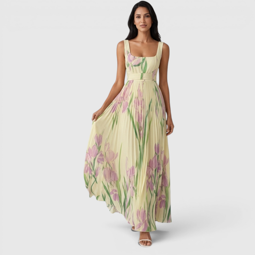 Front view of the Winnie Maxi Cocktail Dress Floral-Print Chiffon Square-Neck in yellow, featuring a square neckline, sleeveless design, fitted bodice, flowing chiffon skirt, and soft floral print. Designed by Bella Hudson.