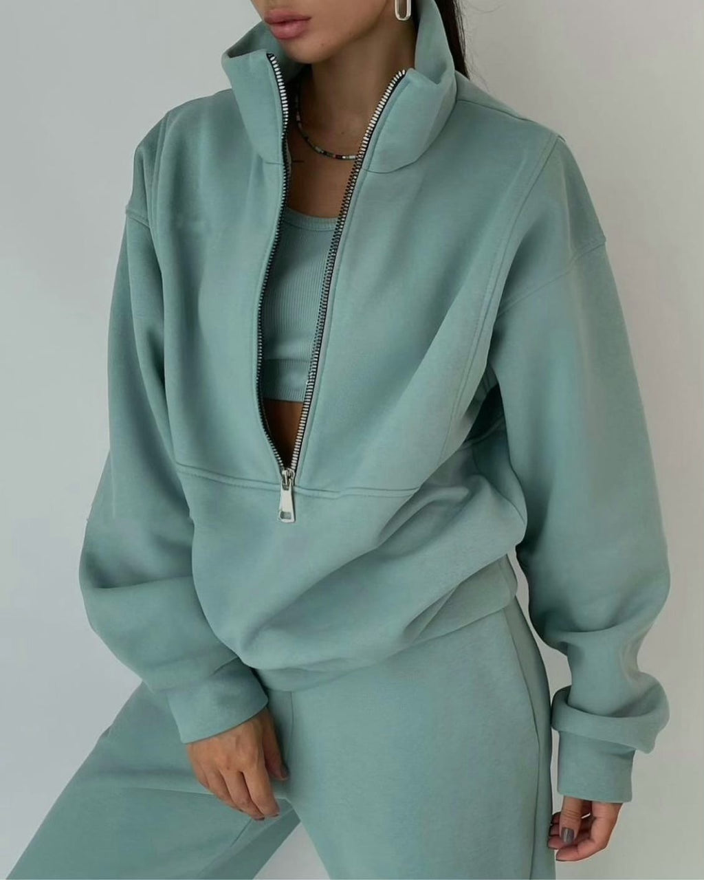 Winona oversized zip-neck lounge two-piece set, Green
