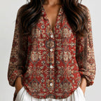 Close-up front view of maroon floral boho lightweight blouse with button front and long sleeves BELLA HUDSON.

