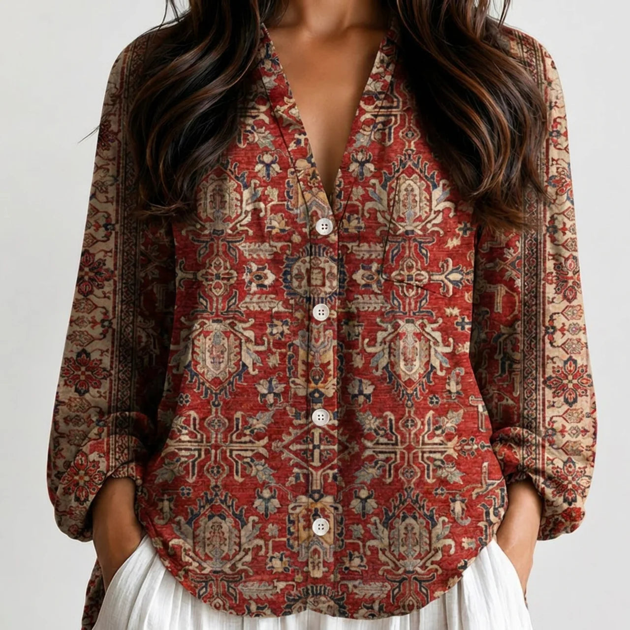 Close-up front view of maroon floral boho lightweight blouse with button front and long sleeves BELLA HUDSON.

