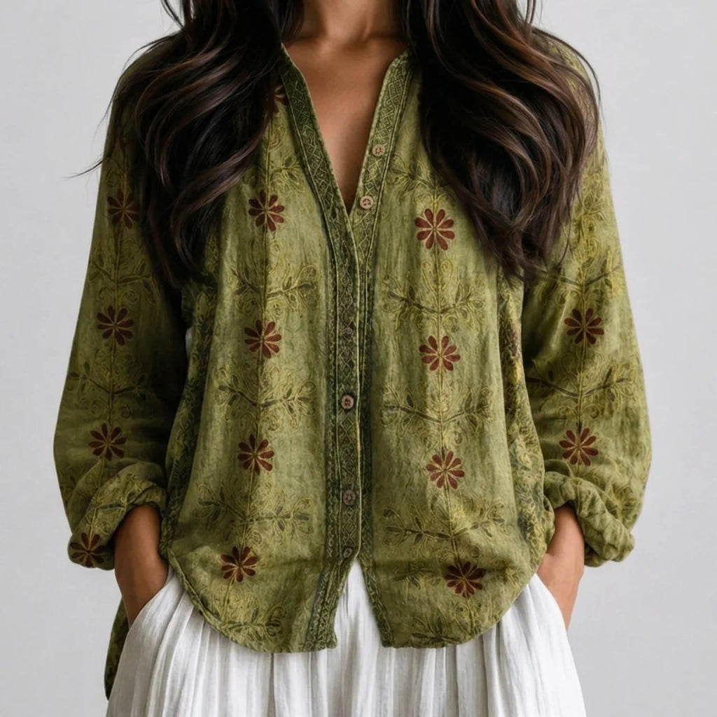 Close-up front view of olive green floral boho lightweight blouse with button front and long sleeves BELLA HUDSON.

