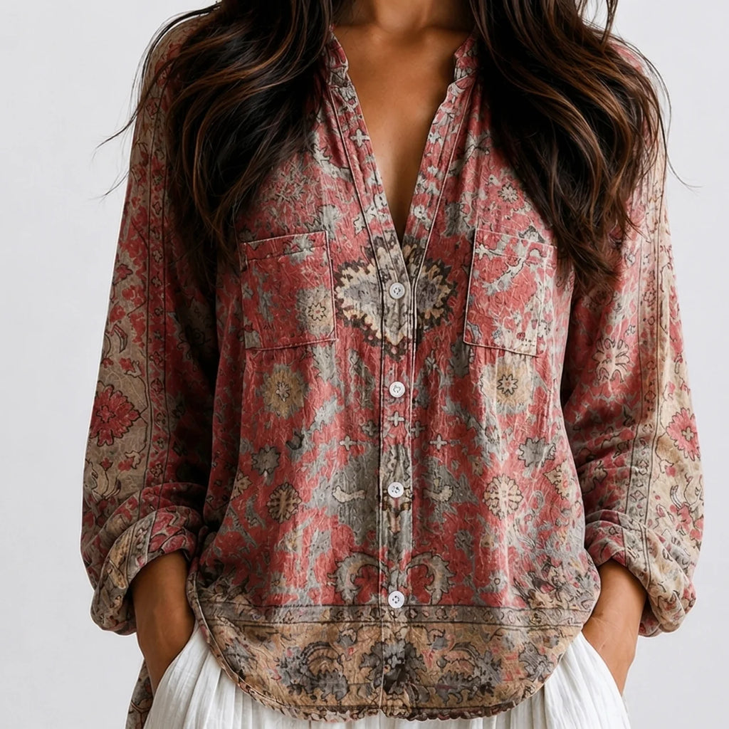 Close-up front view of rust floral boho lightweight blouse with button front and long sleeves version 2 BELLA HUDSON.

