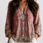 Close-up front view of rust floral boho lightweight blouse with button front and long sleeves version 2 BELLA HUDSON.

