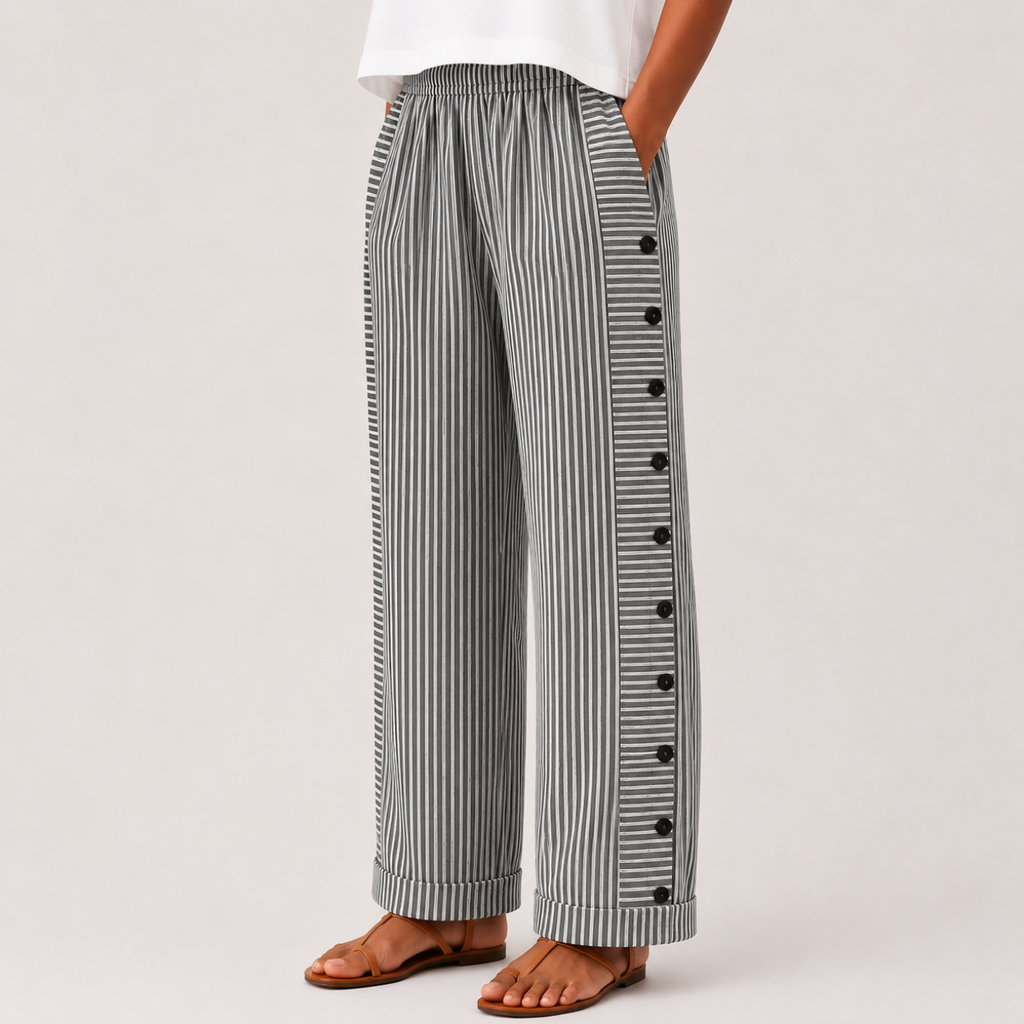 Black front view of Woman's Lightweight Pants with Button Design featuring contrast button accents and a relaxed fit, designed by Bella Hudson