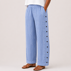 Blue front view of Woman's Lightweight Pants with Button Design featuring lightweight comfort and striped wide-leg styling, designed by Bella Hudson