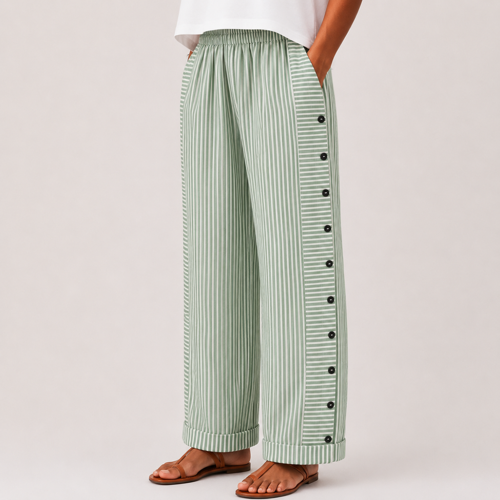 Green front view of Woman's Lightweight Pants with Button Design showcasing a lightweight striped design and comfortable wide-leg silhouette, designed by Bella Hudson