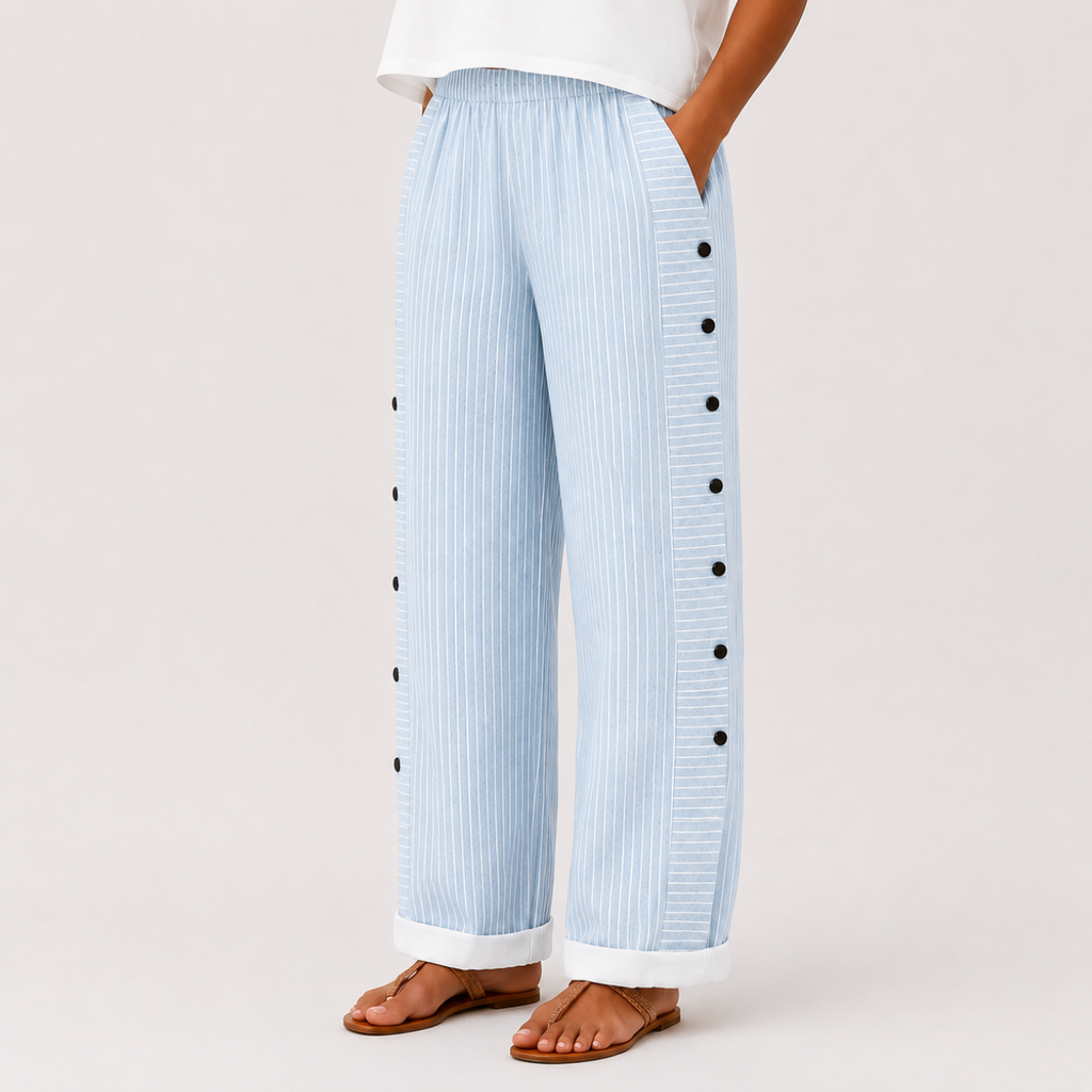 Light blue front view of Woman's Lightweight Pants with Button Design showcasing striped fabric and decorative side buttons, designed by Bella Hudson