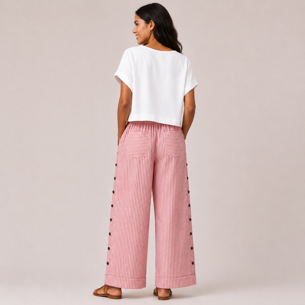 Red side view of Woman's Lightweight Pants with Button Design showcasing decorative side buttons and lightweight striped fabric, designed by Bella Hudson