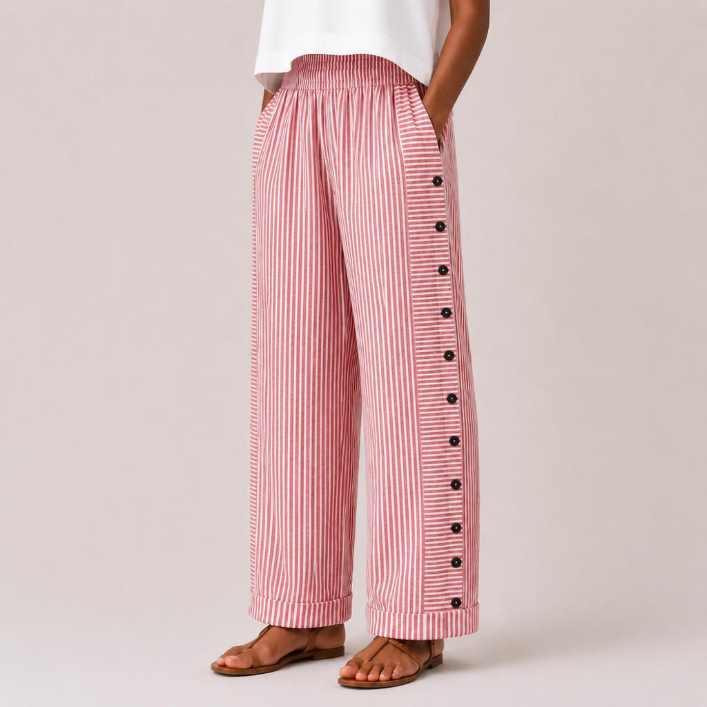 Red front view of Woman's Lightweight Pants with Button Design featuring striped fabric, side button accents, and a relaxed wide-leg fit, designed by Bella Hudson