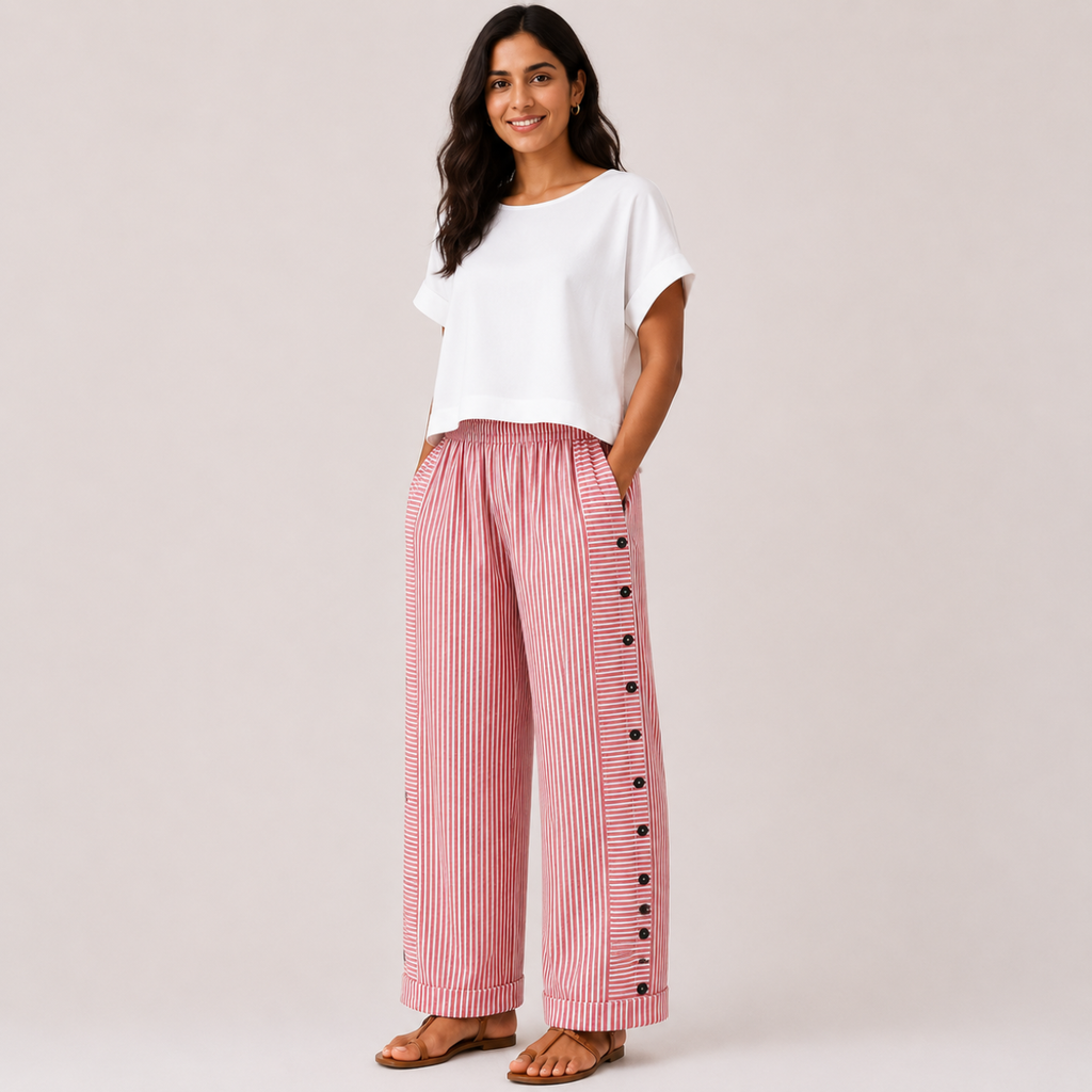 Red side view of Woman's Lightweight Pants with Button Design showcasing decorative side buttons and lightweight striped fabric, designed by Bella Hudson