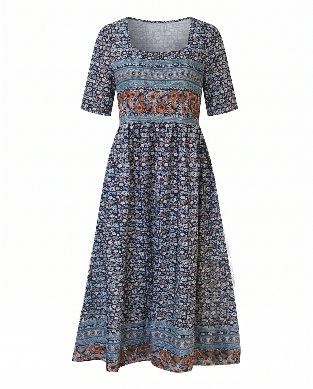 Front view of dark blue Womens Boho Floral Print Maxi Dress by BELLA HUDSON