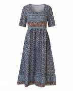 Front view of dark blue Womens Boho Floral Print Maxi Dress by BELLA HUDSON