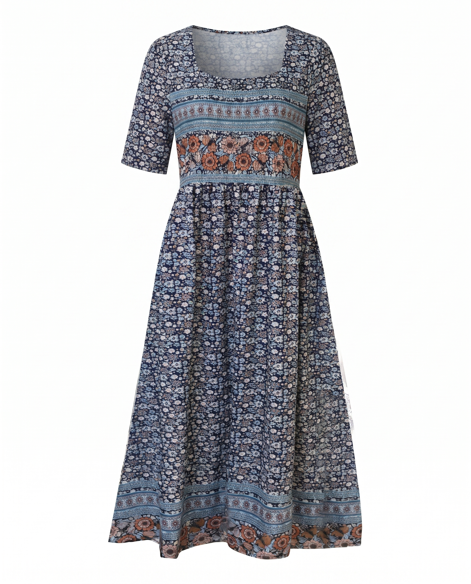 Front view of dark blue Womens Boho Floral Print Maxi Dress by BELLA HUDSON