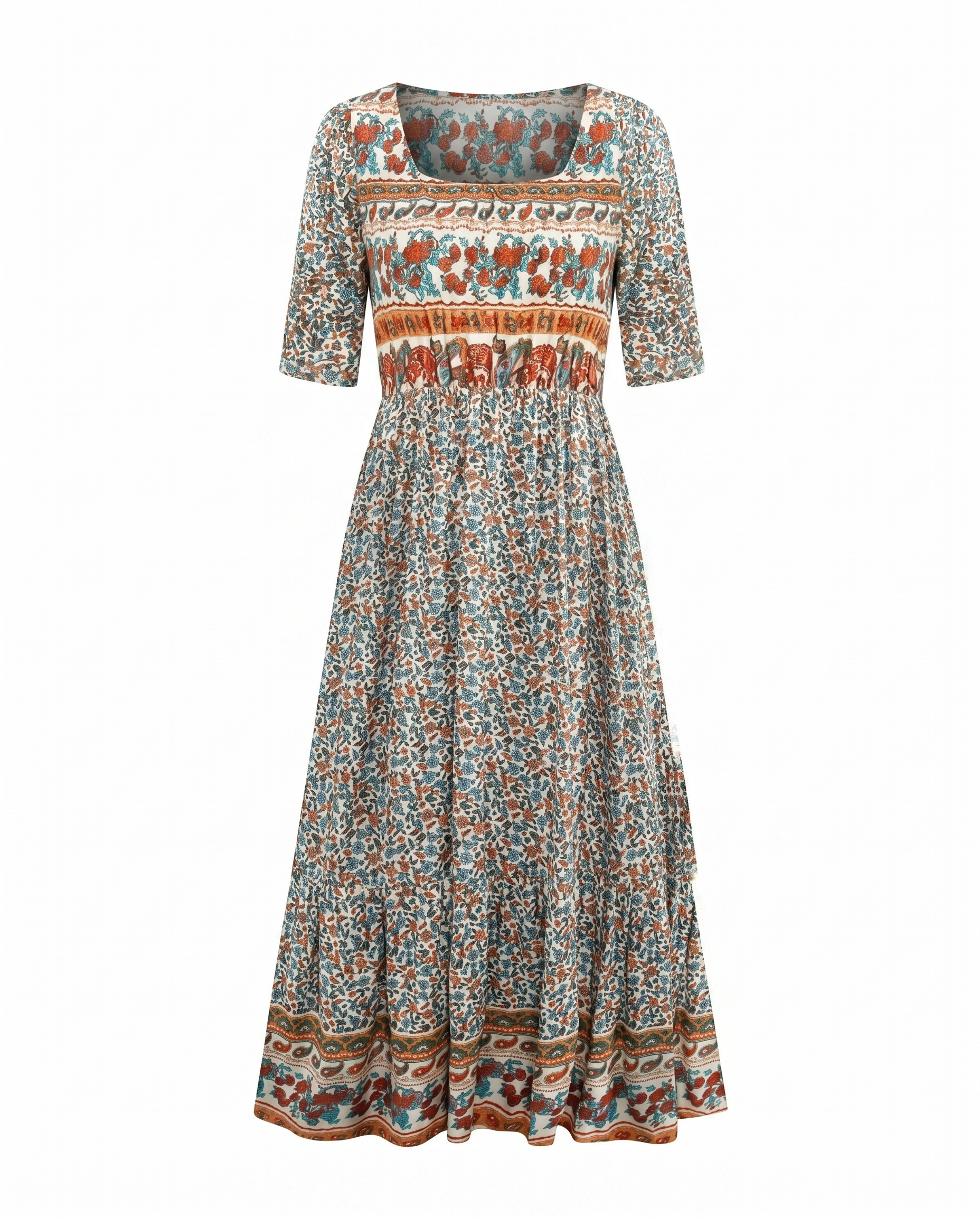 Front view of orange Womens Boho Floral Print Maxi Dress by BELLA HUDSON