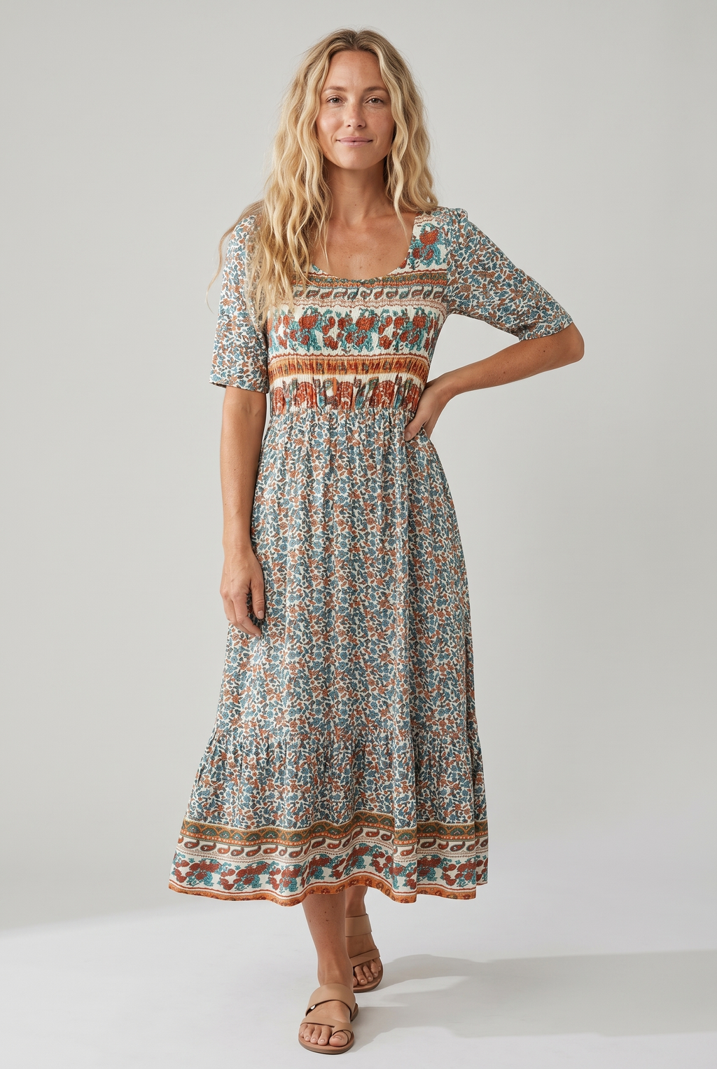 Front view of orange Womens Boho Floral Print Maxi Dress by BELLA HUDSON