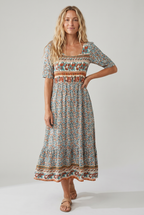 Front view of orange Womens Boho Floral Print Maxi Dress by BELLA HUDSON