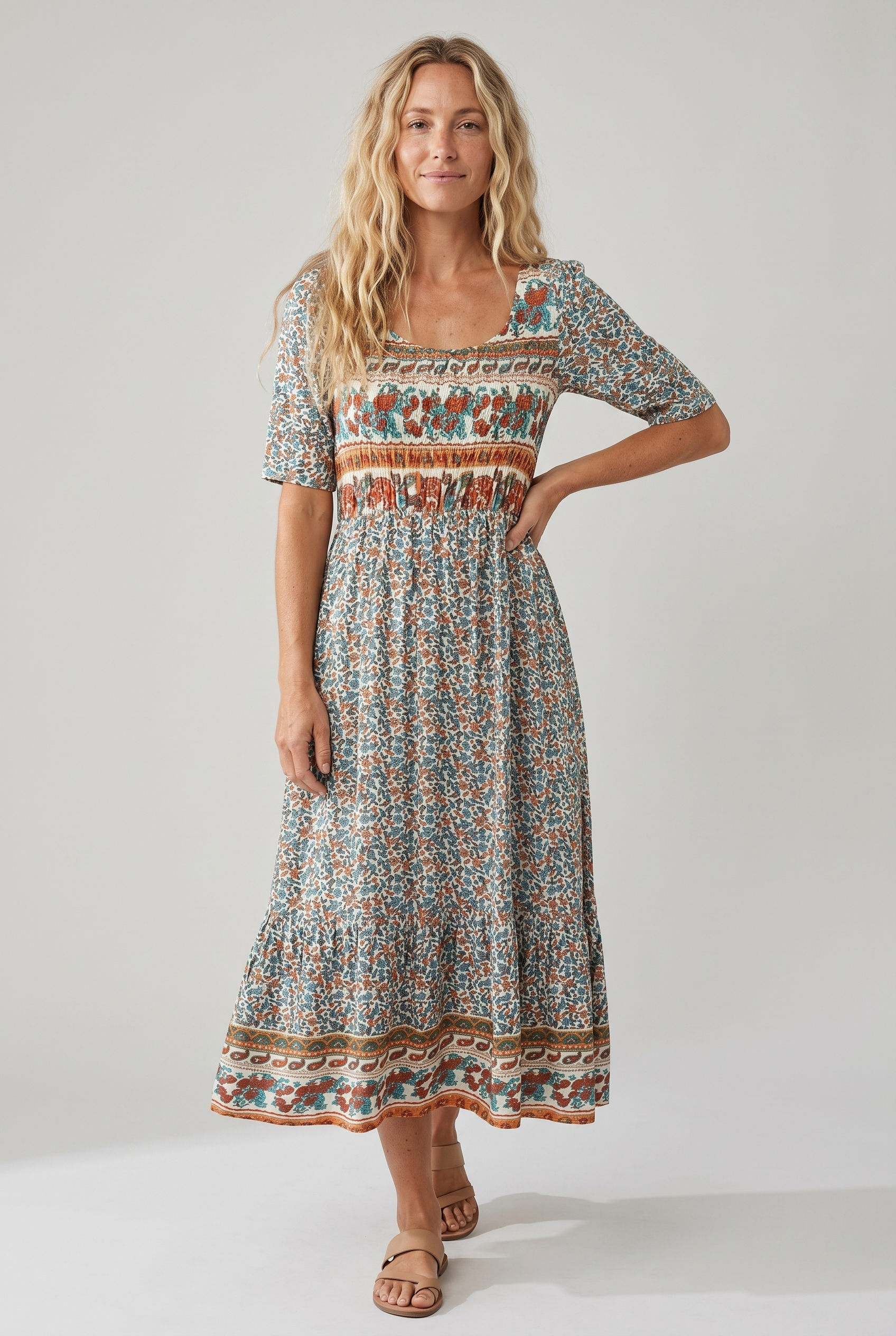 Front view of orange Womens Boho Floral Print Maxi Dress by BELLA HUDSON