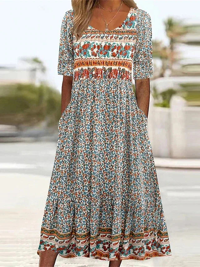 Women's Boho Floral Print Maxi Dress, Orange / 5XL