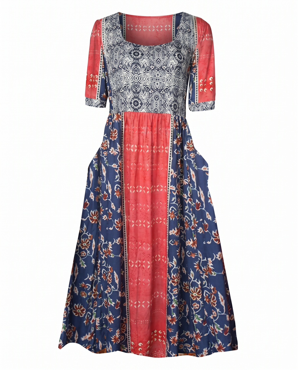 Front view of red Womens Boho Floral Print Maxi Dress by BELLA HUDSON