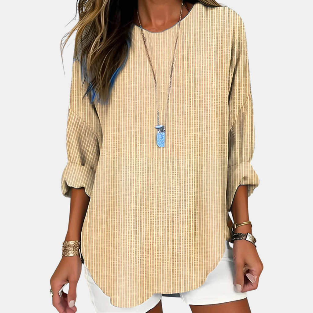 Front view of the Women's Boho Lightweight Blouse in yellow, featuring a relaxed oversized fit, round neckline, rolled three-quarter sleeves, textured fabric, and a curved high-low hem. Designed by Bella Hudson.
