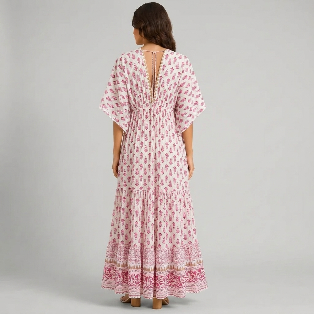 Women's Boho Paisley Print Maxi Dress with Tassel Details, Pink / L