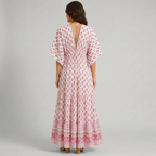 Back view of pink Womens Boho Paisley Print Maxi Dress with Tassel Details by BELLA HUDSON