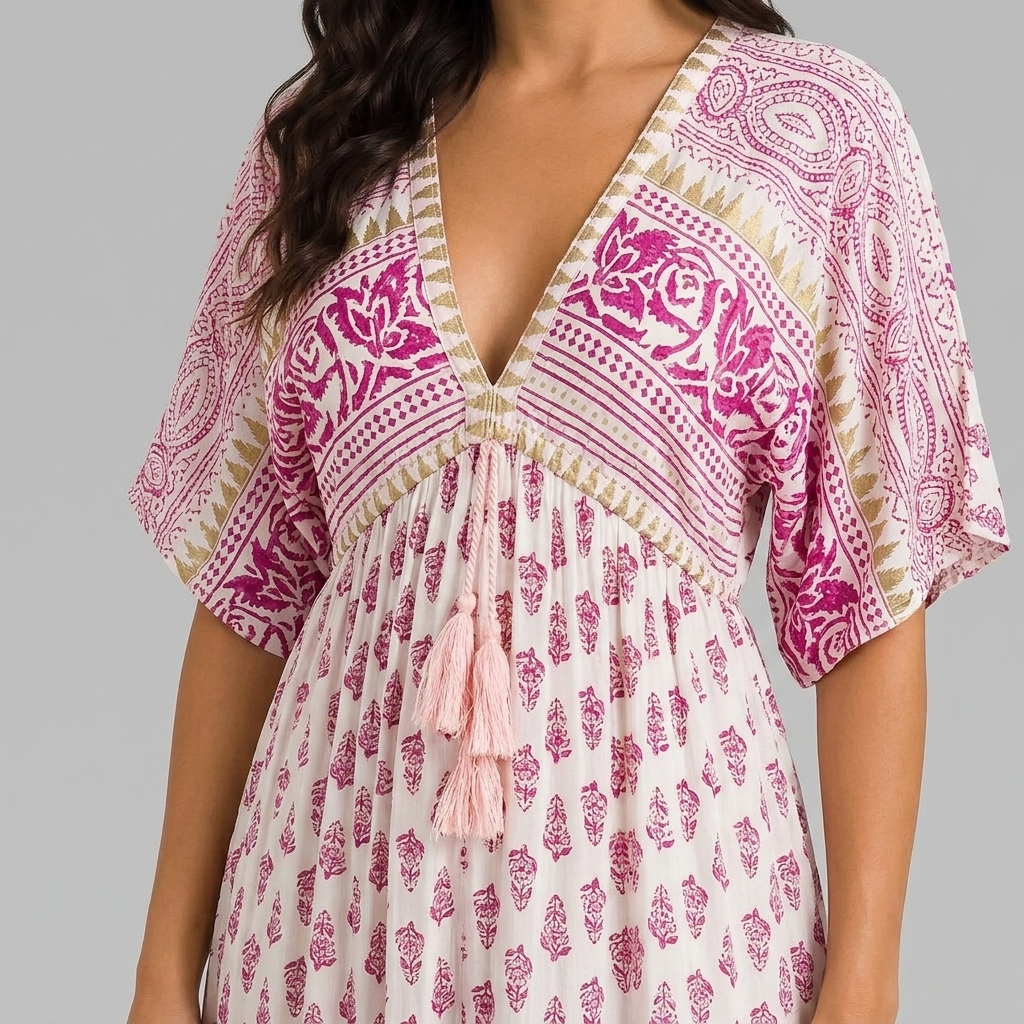 Detailed view of pink Womens Boho Paisley Print Maxi Dress with Tassel Details by BELLA HUDSON