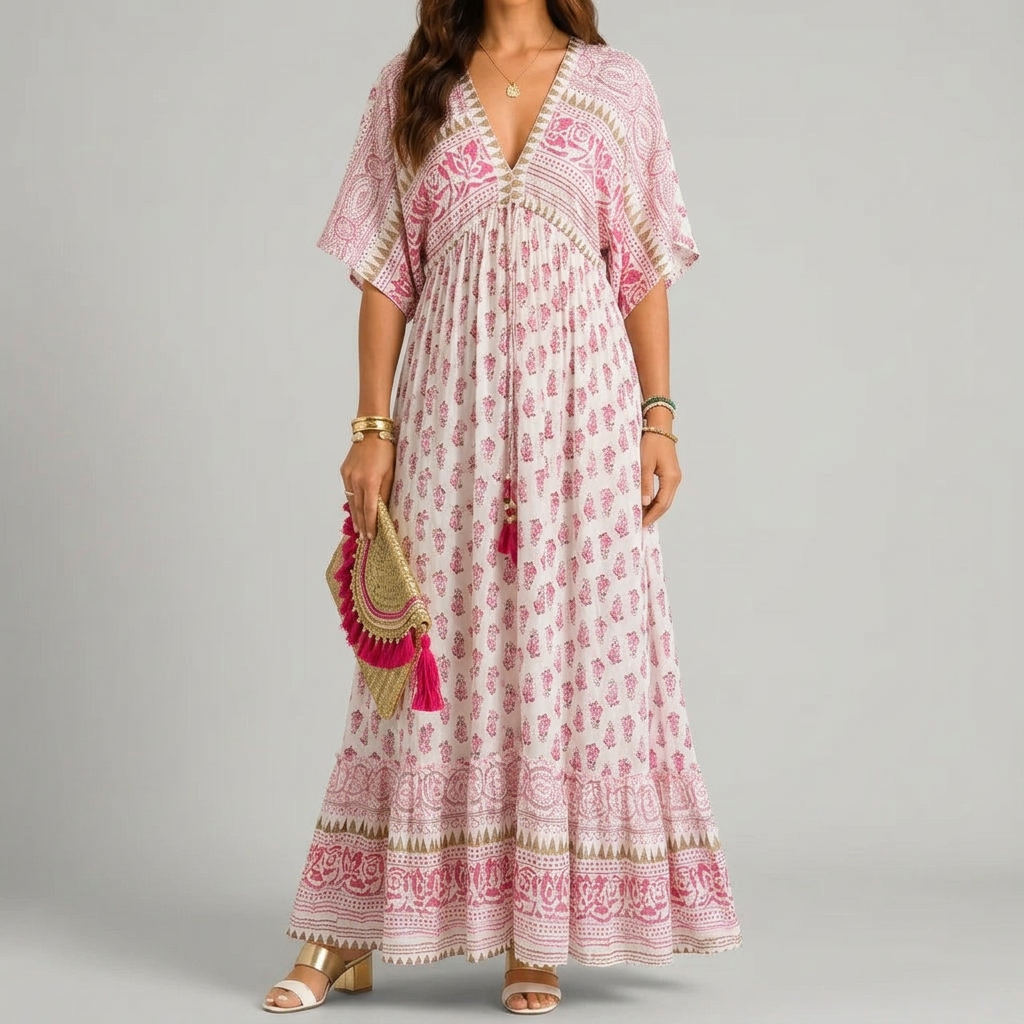 womens-boho-paisley-print-maxi-dress-with-tassel-details-pink-front-view
Front view of pink Womens Boho Paisley Print Maxi Dress with Tassel Details by BELLA HUDSON